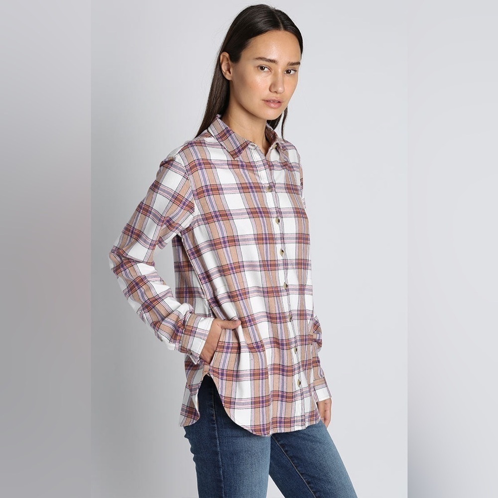 JACHS Girlfriend plaid flannel shirt cozy winter casual Shacket pockets Small